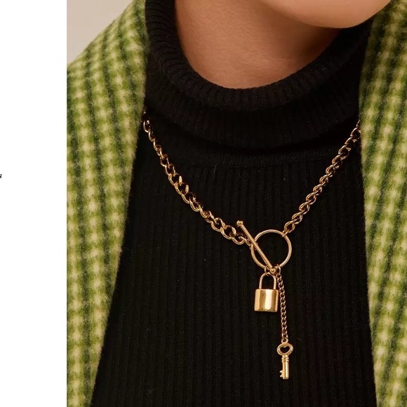 14k Gold Stainless Steel Toggle Lock and Key Pendant Necklace - Picture 10 of 10